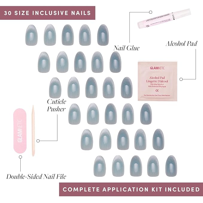 Glamnetic Press On Nails - Unicorn Tears | Short Oval, Misty-Grey Nails with a Mesmerizing Metallic Finish | 15 Sizes - 30 Nail Kit with Glue