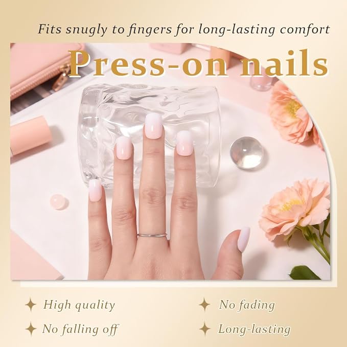evpct Ombre White to Nude Press on Nails Extra Short, Petite Short Square Glossy Stick on Nails for Women Gift with Manicure Kit, Reusable Soft Gel Stick on Fake Nail with Ombre Designs Perfectly Fit
