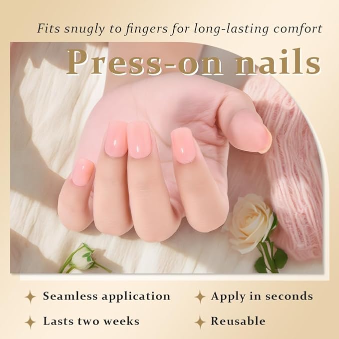 evpct Warm Pink Short Press on Nails Square, Glossy Soft Gel Acrylic Fake Press on Nails Manicure Kit, Reusable Artificial Stick on Nail for Women, Full Cover Easy Application Easy At-Home Salon