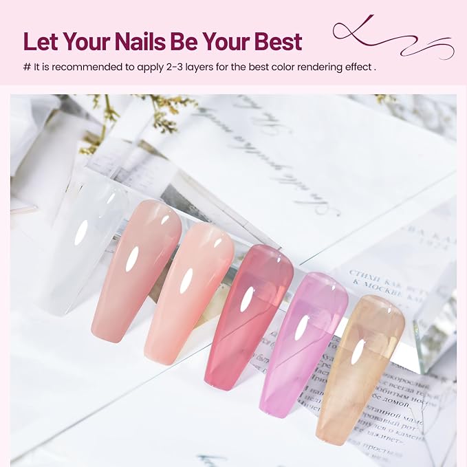 OpenLive Jelly Nail Polish Set 6 Colors White Pale Red Soft Pink Natural Nude Pale Purple Fresh Pink Purple All Seasons Neutral Color Quick Dry Nail Polish Set for Women Salon DIY Nail Art