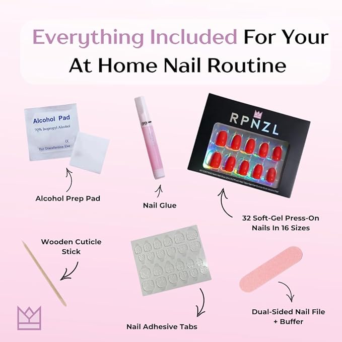 RPNZL Press On Nails - Scarlett | Opaque Bright Red Short Squoval Fake Nails, Salon Quality | 32 Nails, 16 Sizes Kit with Glue and Adhesive Tabs I Female Founded - Beauty, Self Care