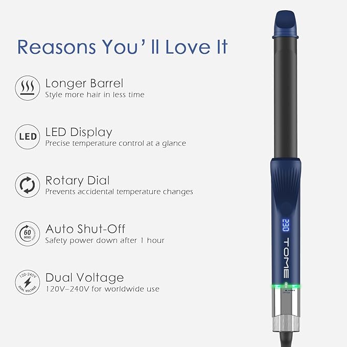 1 Inch Curling Iron with Clamp, 6-Level Dial Temp Control 180–450℉, Tourmaline Ceramic, Fast PTC Heating, 100–240V Dual Voltage Long Barrel Curler