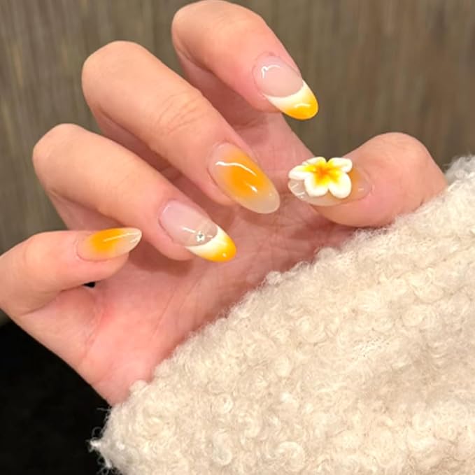 24pcs Yellow Press on Nails Medium Almond Fake Nails 3D Flower Nail Art with Short Almond-Shaped French Nails, for Women and Girls Graduation Balls Parties Dates Wear