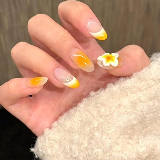 24pcs Yellow Press on Nails Medium Almond Fake Nails 3D Flower Nail Art with Short Almond-Shaped French Nails, for Women and Girls Graduation Balls Parties Dates Wear