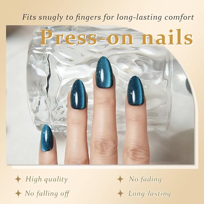 evpct Dark Blue Purple Press on Nails Almond Short, Purple Sapphire Blue Cat Eye Glitter Press on Nails for Women Gift, Soft Gel Press Stick on Nail with Nail Kit 60Pcs Reusable Acrylic Fake Nails Kit