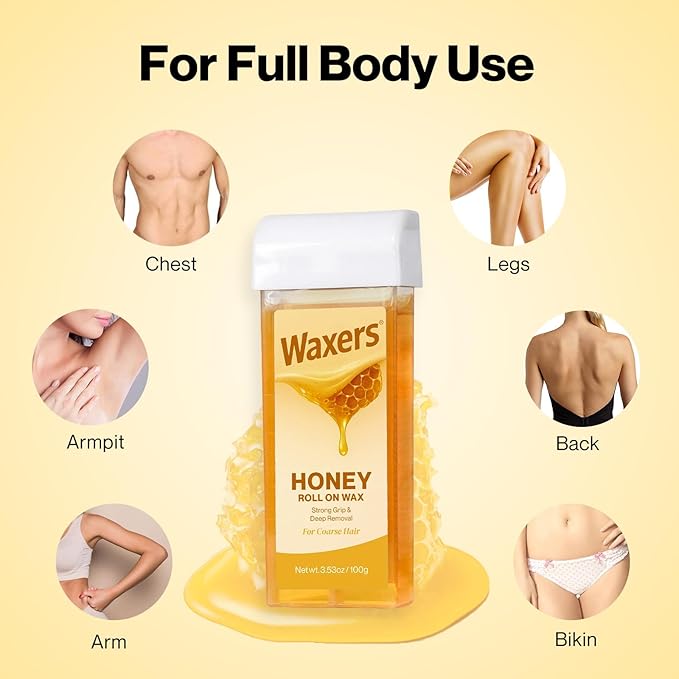 Waxers Roll on Wax Kit for Hair Removal at Home Roller Waxing Depilatory for Women Men Honey Soft Wax Kit for Coarse & Thick Hair with Warmer and Strips