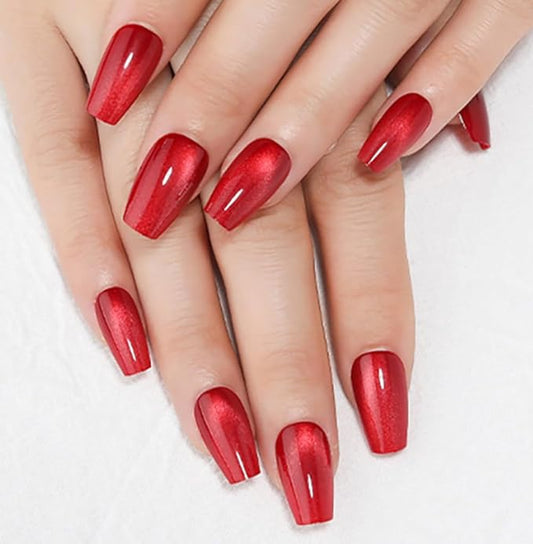 evpct Red Cat Eye Press on Nails Square Medium Coffin, Medium Square Stick on Nails for Women Gift, Red Metallic Glitter Glossy Reusable Spring Summer Soft Gel Press on Acrylic Fake Nail with Designs