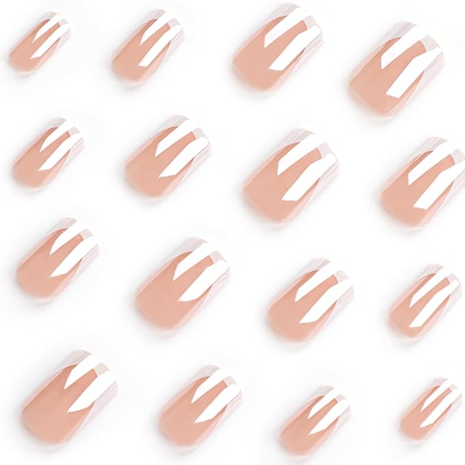 XZMeiLun Chrome French Tips Press On Nails Medium Length Square, White French Sticke on Nails, Designer Reusable Acrylic Nails Press Ons, Fake Nails With Glue On Nails, Daily Wea False Nails For Women