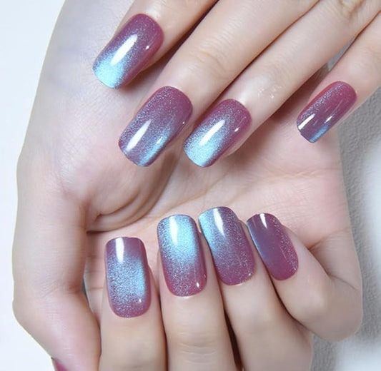 evpct Mauve Blue Reflective Metallic Cat Eye Press on Nails Square Medium, Stick on Nails Medium Length Square for Women, Mauve Metallic Nail press ons, Iridescent Glitter Acrylic Fake Press on Nail