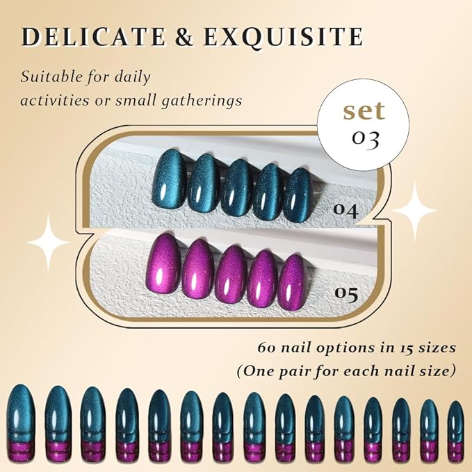 evpct Dark Blue Purple Press on Nails Almond Short, Purple Sapphire Blue Cat Eye Glitter Press on Nails for Women Gift, Soft Gel Press Stick on Nail with Nail Kit 60Pcs Reusable Acrylic Fake Nails Kit