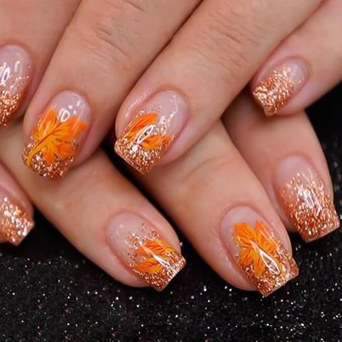 XZMeiLun Fall Press On Nails Short Square, Autumn Orange Acrylic Press On Nails, Lattice Maple Leaf Glitter Designer Reusable Fake Nails, Glue On Nail Press Ons for Hallows' Day Women