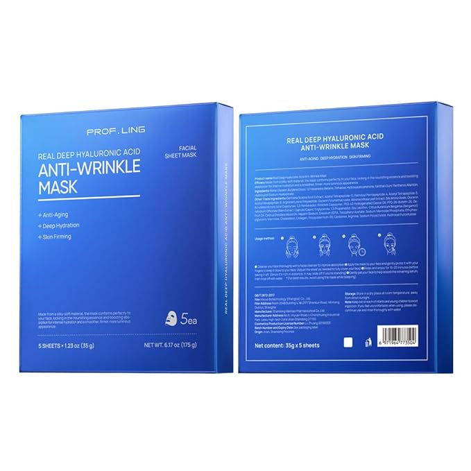 PROF.LING Full-Spectrum Hyaluronic Acid Face Mask – Deep Hydration & Anti-Wrinkle Lifting Sheet Mask, Plumping & Firming Treatment for Fine Lines, Elasticity Boosting Hydrating Facial Mask-5ea