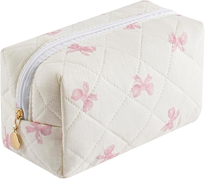 Cute Floral Makeup Bag Small Cotton Quilted Cosmetic Bag, Aesthetic Essential Bag Emergency Bag Gift for Women Girls Travel Accessories (Pink Small Bowknot)