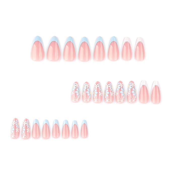 XZMeiLun French Tip Press On Nails Spring Summer Acrylic Nails for Women - Blue Flower Designer Fake Nails Short Almond 24Pcs, Outdoor Picnic/Wedding/Party Reusable Glue On Stick On Nails