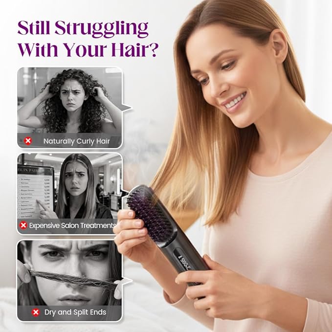 2026 New Cordless Hair Straightening with LCD Temperature Display, Fast Heating, Portable Hair Brushs for Travel (Purple)
