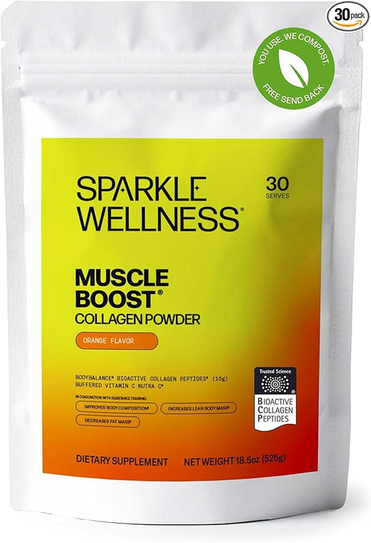 Sparkle Wellness Muscle Boost (Orange) [30-Serves] | Collagen Supplement Powder with Hydrolyzed BODYBALANCE Collagen Peptides & Buffered Vitamin C | Improves Body Composition