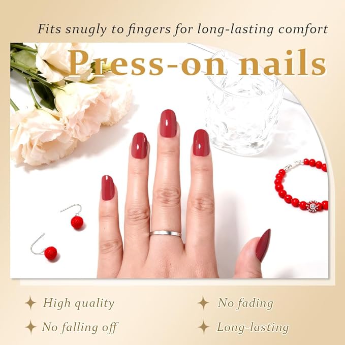 evpct Red Medium Oval Glossy Press on Nails for Women Gift, Glossy Red Fake Nail with Nail Kit Manicure Kit, Soft Gel Full Cover Reusable Stick on Soft Acrylic False Nails Perfectly Fit