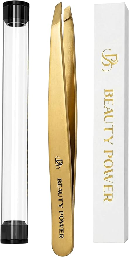 Beauty Power Ultra-Precision Professional Slant Tweezers for Women Facial Hair - German Stainless Steel, Lightweight Black Tweezers for Women & Men, Ideal for Eyebrow & Facial Grooming (Matte Gold)