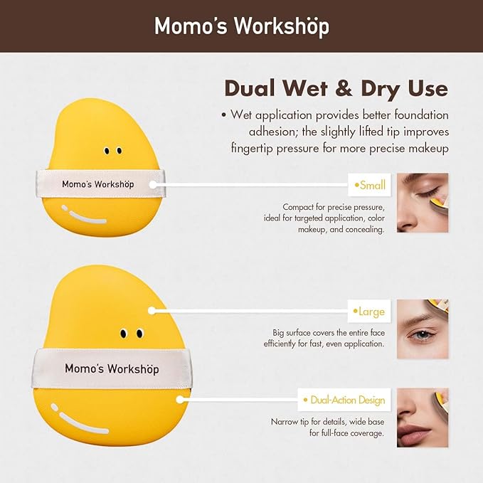 Mango Shape Makeup Sponge 2-Pack (L & M Size), Hydrophilic PU for Dry & Wet Use, Dual-Ended for Full Coverage & Sheer Finish, with Ribbon Grip & Travel Case