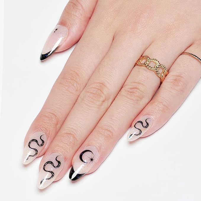 GLAMERMAID White Press on Nail Medium Almond, Natural White Crush Nail, Stiletto Fake Nail with Glitter Snake Design, Short Oval Stick Glue on Nail Tips for Women, Reusable Acrylic False Nail Kit