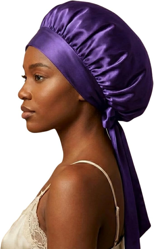 100% Mulberry Silk Hair Sleep Bonnet - Reversible Sleep Bonnet for Women, Wide Band Adjustable Tie, Night Cap for Curly Hair