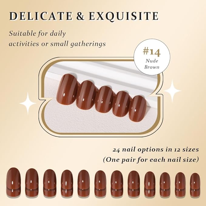 evpct Nude Brown Medium Oval Glossy Press on Nails for Women Gift, Glossy Nude Brown Fake Nail with Kits Manicure Kit, Soft Gel Full Cover Reusable Stick on Soft Acrylic False Nails Perfectly Fit