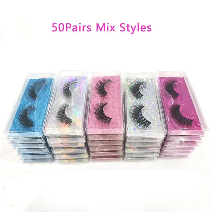 Wholesale Faux Mink Lashes 50 Pair Natural Look Fluffy Eyelashes Soft Lashes Bulk 5 Styles Volume Lashes with Individual Package