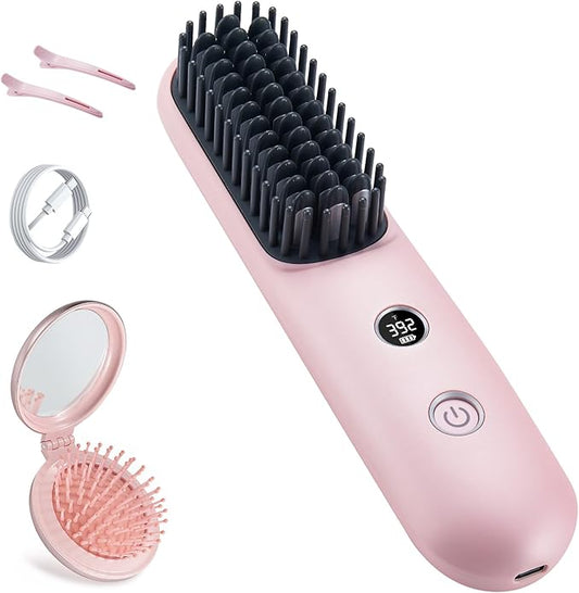 STUDLLY LCD Screen Cordless Hair Straightener Curler 2 in 1, Portable Mini Hair Straightening Brush for Travel Negative Ionic Fast Heating Hot Comb for Women, Folding Brush with Mirror, Pink