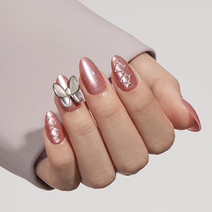 VSALON Press-On Nails Short Almond - Pink Cat Eye Chrome 3D Sculpting Metallic Design for Woman, Reusable Fake Nails & Soft Gel Nail Glue, Protector Cuticle Oil, Tabs & Nail File - 32 PCS in 16 Sizes