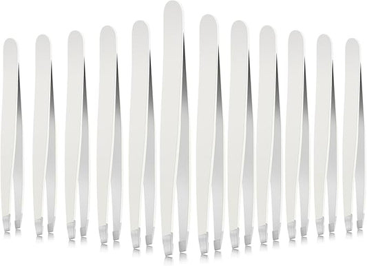 Mudder 12 Pcs Eyebrow Tweezers Set for Facial Hair Stainless Steel Slanted Tip Tweezers in Bulk for Men and Women (White)