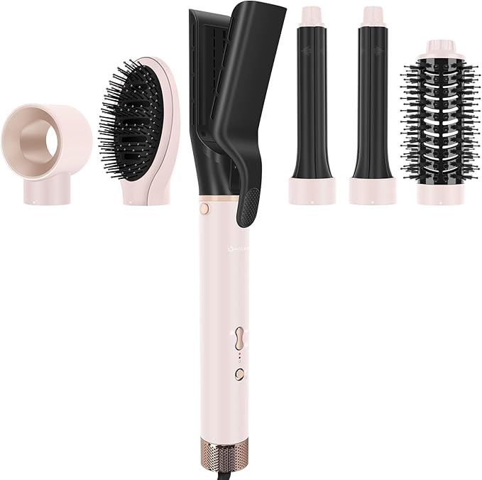 6-in-1 Hair Dryer Brush, 110,000 RPM High Speed Hair Dryer with Air Straightener, 28mm AUTO Curlers, IG INGLAM MegaAIR 2.0 Multi-styler Set Volumizing and Shape, Pink