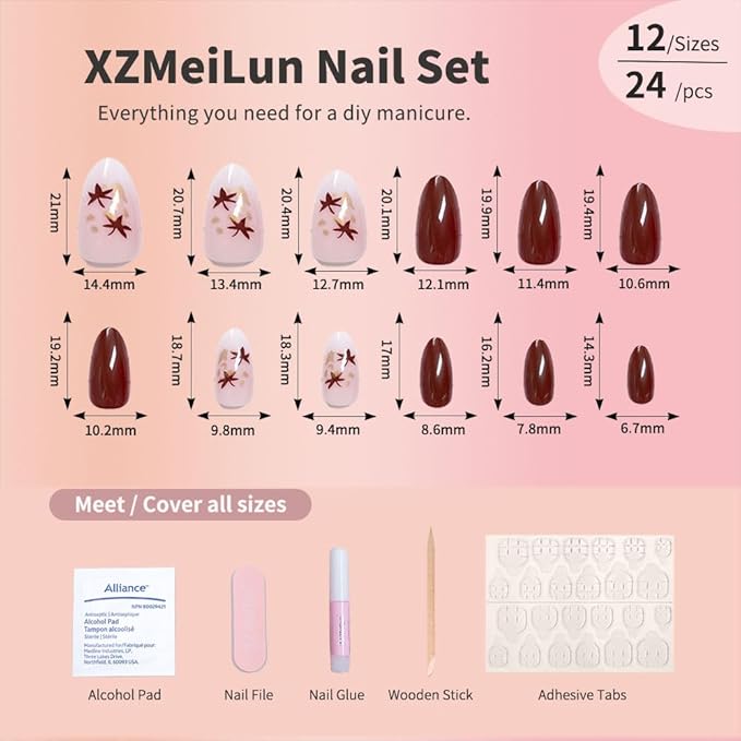 XZMeiLun Fall Brown Press on Nails Short Almond,Maple Leaf Glossy Design Acrylic Fake Nails with Full Cover Stick on Nails,Reusable Glue-On Stickers for Autumn Fashion False Nails for Women Gift