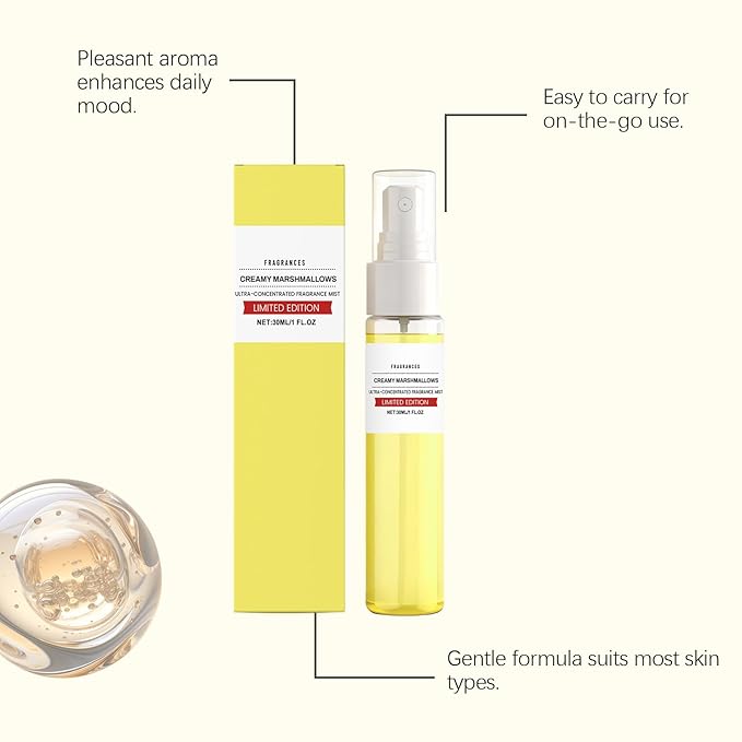 Creamy Marshmallow Fragrance Mist for Women, Sweet Vanilla Scented Body & Hair Spray, Long-Lasting Perfume Mist, Mood Boosting Gentle Formula, Travel Size Portable, 30ml