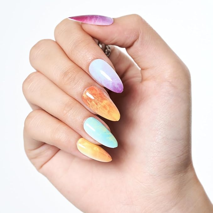 GLAMERMAID Press on Nails Medium Almond, Colorful Ombre French Tip Gel Glue on Nail, Glossy Short Stiletto Reusable UV Finish Fake Nails Acrylic False Nails Manicure Kits for Women