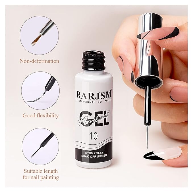 RARJSM Liner Nail Art Gel Polish,Black Painted Gel Nail Design Polish 1 Bottle Soak off Curing Requires 8ml Build in Thin Brush for Classical Home Salon Diy Nail French Manicure Painting
