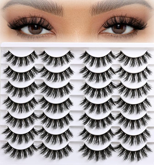 APCYUST Wispy Lashes Fluffy Mink Eyelashes 16mm Natural Thick False Eye Lash Strips 14 Sets Medium Wispies Fake Strip Doll Eyelash Wet Spikes Style Full Volume Cateye Spiky Lashes Manga Look