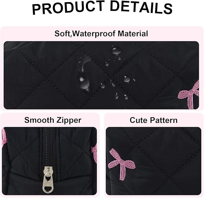 Quilted Makeup Bag Floral Cotton Make up Bag Puffy Coquette Makeup pouch Aesthetic Cute Travel Toiletry Bag for Women Girls