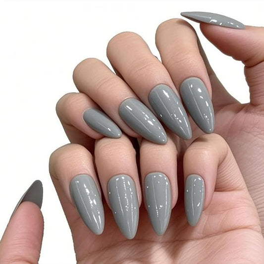 JONKASIPA French Pressed Glue Manicure - Gray Short Oval False Nails, Reusable Adhesive False Nails,Salon Quality 12 Sizes - 24pcs Nail Set