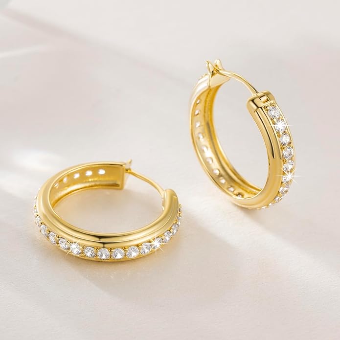 CHLOÉ LOVETT Gold Hoop Earrings 14K Gold Hoop Earrings for Women Inlaid With Circle of Zircon Zirconia Hoops Earring 25mm
