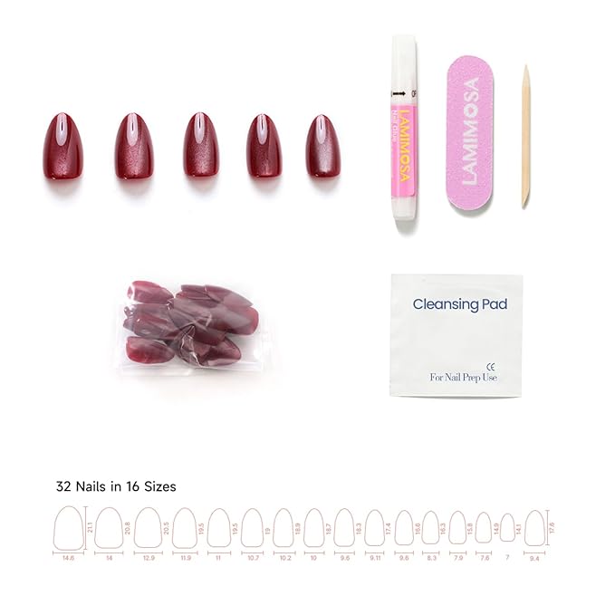 LAMIMOSA 32Pcs Burgundy Red Cat Eye Press On Nails Short Almond – Soft Gel Fake Nails kit in 16 Sizes, Reusable Glue on Nails, SPARKLING RED