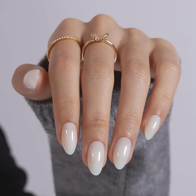 SHANGMENG White Press on Nails Short - Soft Gel Almond Press on Nails for Women Gift, Fit Perfectly & Natural Glue on Nails in 16 Sizes - 32 Reusable Fake Nails with Glue, Milky White