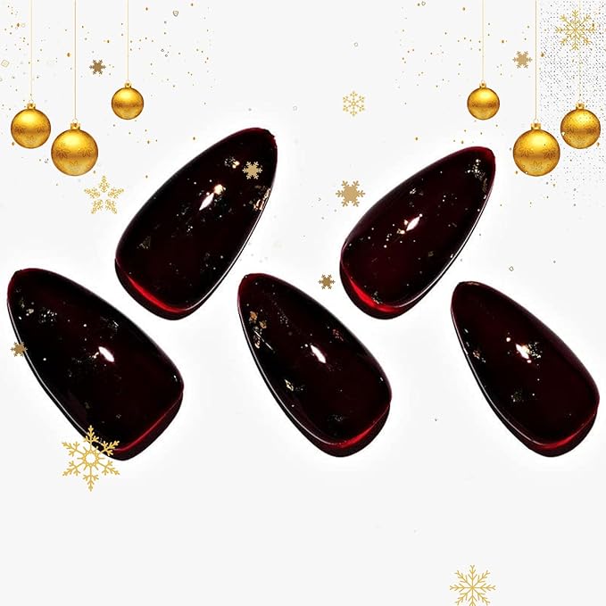 GLAMERMAID Burgundy Press on Nails Medium Almond, Deep Dark Red Glitter Hamdmade Gel False Nals, Stiletto Glue on Nails Kit for Women, Reusable Short Oval Emo Stick on Acrylic Fake Nails Manicure Set