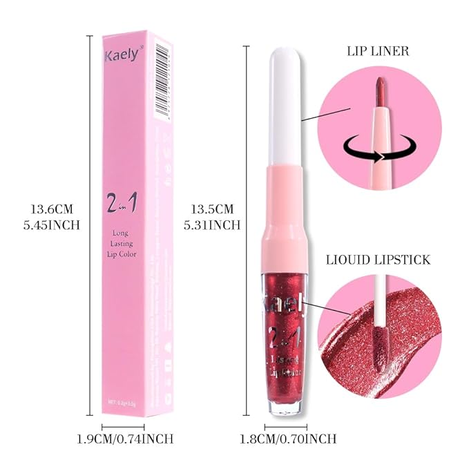 Kaely 2-in-1 Dark Red Metallic Lipstick and Lip Liner, Shimmer Liquid Metallic Lipsticks for Women, Glitter Lip Gloss Stain Long Lasting Waterproof Smudge Proof 24 Hour, Vegan Makeup, 01