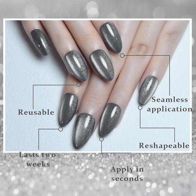 evpct Cat Eye Gold Silver Press on Nails Almond Short, Gold Silver Metal Short Almond Soft Gel Press on Nails with Nail Kit, 60Pcs Reusable Acrylic Fake Press-on Nail Polish Kit for Women Gift