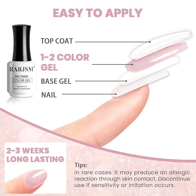 RARJSM Nude Sheer Pink Rainbow Glitter Gel Nail Polish Chunky Gold Iridescent Sparkle Shimmer Diamond Jelly Transparent Pink Gel Polish Single Bottle Soak off UV LED Cured for Home Salon Manicure 15ML