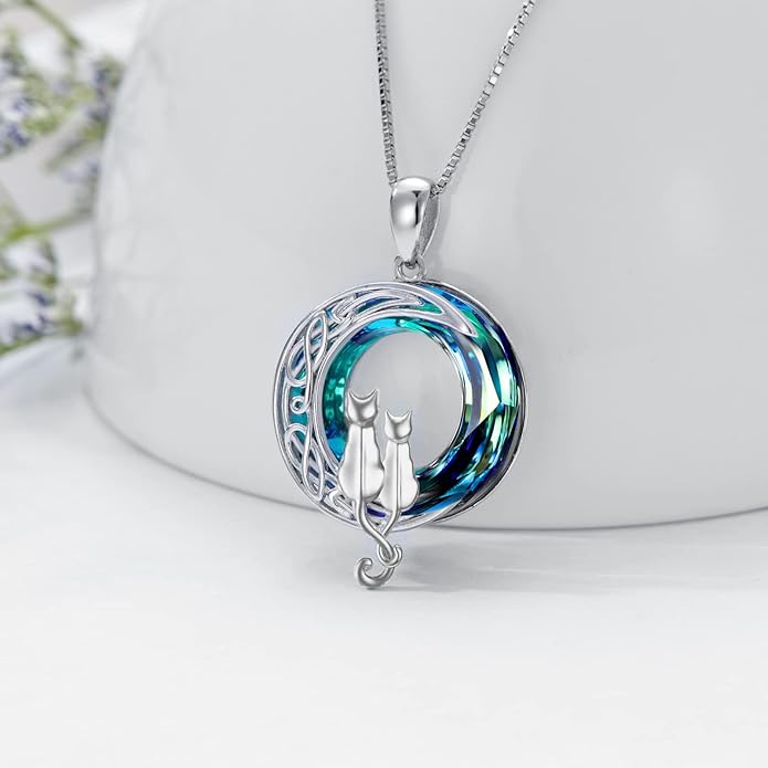 TOUPOP Cat Gifts for Cat Lovers One Two Three Four Cats Necklace Sterling Silver Cats on the Moon Pendant Necklace with Blue Circle Crystal Birthday Christmas Celtic Jewelry Gifts for Women