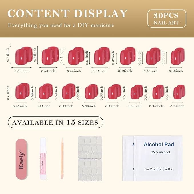 evpct Acrylic Red Glossy Press on Nails Short Square, Glossy Red Fake Nails Summer Reusable False Nail Stick on Press ons for Women Gifts, Perfectly Fit Durable False Nail Kit with Gel Gel 30Pcs