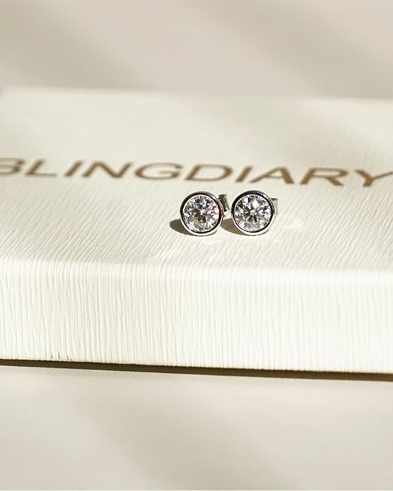 BLINGDIARY Moissanite Stud Earrings, 925 Sterling Silver 18K White Gold Plating Studs for Women Men, Wedding Jewelry Engagement Earrings