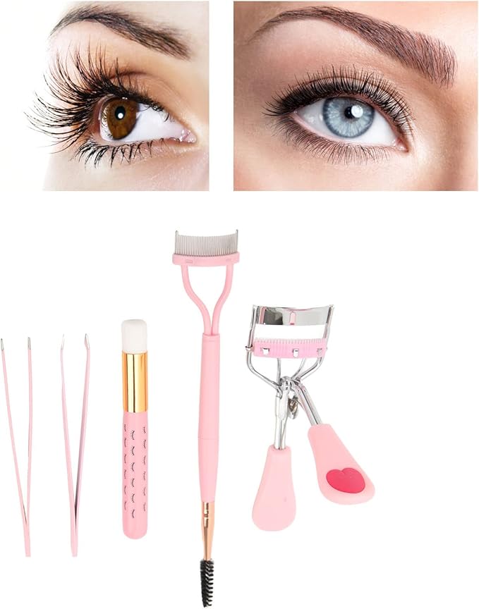 Professional Eyelash Eyebrow Makeup Tool Set Double Ended Lash Comb Brush Curler Tweezers Kit for Home Beauty Salon Pink Stainless Steel ABS Nylon 5 Pieces