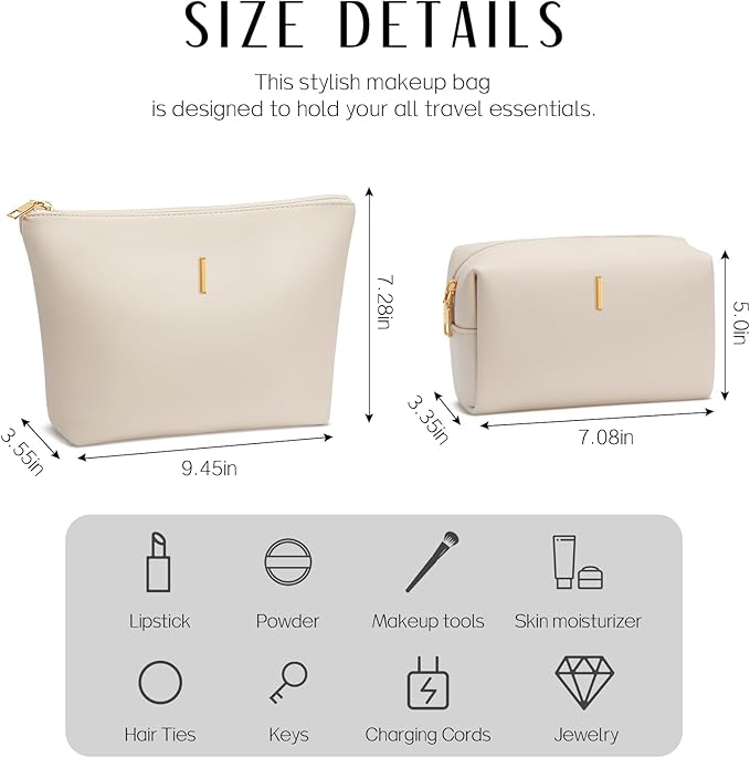 Valentine's Day Gifts for Women Girlfriend Initial Makeup Bag for Teen Girls Personalized Gifts for Friend Teacher Mom Wife Cosmetic Travel Toiletry Bag(Beige,I)
